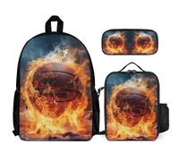 WECECE Mochilas Baloncesto con Llamas Escolares Niñas con Bolsa Térmica y Estuche, Mochila Escolar Baloncesto Adolescente 7-12 Años para Regreso a Clases