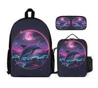 WECECE Mochilas Escolares Delfín Estudiantes con Lonchera y Estuche, Mochila Colegio Criaturas Marinas Niñas 6-13 Años para Escuela y Regreso a Clases