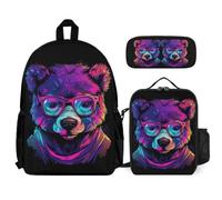 WECECE Mochilas Escolares Oso Patrón Niñas 3 Piezas con Lonchera y Estuche, Juego de Mochila Animal Estampado Niño 8-13 Años para Uso Diario y Escuela