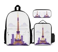 WECECE Mochilas Escolares Torre de París Niñas 3 Piezas con Lonchera y Estuche, Juego de Mochila Niño 8-13 Años para Uso Diario y Escuela