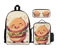 WECECE Mochilas Estampado de Hamburguesa Niños Primaria Mochila Infantiles Niña Mochilas Estampado de Comida para Niño 3 en 1 Juegos de Bolsas para Escolares,Viajes, Senderismo