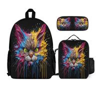 WECECE Mochilas Gatito Animal Escolares Estudiantes con Lonchera y Estuche, Backpack Gato Chica 7-13 Años para Escuela y Excursiones