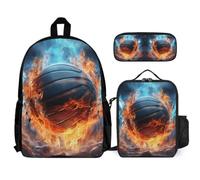 WECECE Mochilas Hielo y Fuego Baloncesto Escolares Niño Primaria con Lonchera Térmica y Estuche, Mochila Infantil Baloncesto Niña 6-12 Años para Viajes y Senderismo