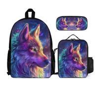 WECECE Mochilas Lobo Escolares Niña, 3 en 1 Mochila Animal Wolve Escolar Chica Mochila Colegio con Bolsa de Almuerzo Estuche Lápices