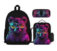 WECECE Mochilas Motivo de Oso Infantiles Estudiantes con Lonchera y Estuche, Juego de Mochila Estampado Animal Niña 6-13 Años para Viajes y Excursiones
