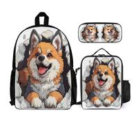 WECECE Mochilas Perro Corgi Infantiles Chicas con Bolsa de Almuerzo y Estuche, Mochila Colegio Estampado de Cachorro Animal Niño 7-13 Años para Uso Diario y Escuela