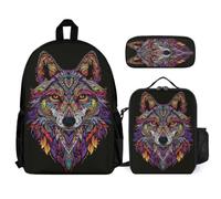 WECECE School Backpack Lobo para Niñas con Bolsa Térmica y Estuche, Mochila Lobo Animal Infantil Niño 7-13 Años para Inicio de Curso