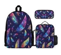 WECECE Set de Mochila Feather Estampado Adolescente con Lonchera Térmica y Estuche, Mochila Escolar Colourful Niña 7-14 Años para Viajes y Uso Diario