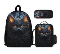 WECECE Set de Mochila Motivo de Gato Chicas con Lonchera y Estuche para Lápices, Mochilas Escolares Gatito Negro Niño 6-12 Años para Excursiones y Viajes