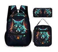 WECECE Set de Mochilas Lobos Escolares para Niño, Mochila Lobo Animal Primaria Niñas Chicas Bolsas Escolares Mochilas Niño con Bolsa Térmica Bolsa para Lápices (Juego de 3)