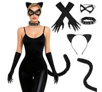 Weciau Catwoman Costume, 5 Piezas, Disfraz Catwoman con Diadema de Orejas de Gato, Máscara, Collar, Guantes, Cola, Accesorios de Disfraz de Gato para Halloween, Carnaval y Fiestas Temáticas