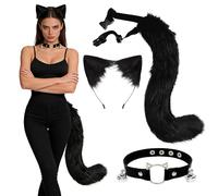 Weciau Disfraz de gato para mujer, 3 piezas, disfraz de gato, disfraz de gato con orejas de gato, diadema, cola de gato, collar, disfraz para cosplay, carnaval, fiesta temática, fiesta de disfraces