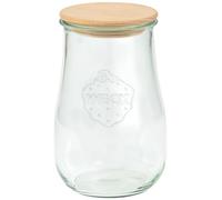 Weck 79206 - Tarros de cristal con borde redondo con forma de tulipán, 4 unidades, 1500 ml, con tapa de madera + junta de silicona, tarro de almacenamiento para pasta, especias, cereales, transparente