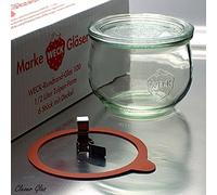Weck RR100 - Juego de 6 tarros de cristal (500 ml, con tapa de cristal, anillos y grapas)