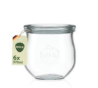WECK Vasos de 370 ml, juego de 6 con tapas, forma de tulipán, robustos, apilables, ideales para preparar comida, oats, postres y mermeladas, reutilizables, fabricados en Alemania