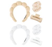 Wecoe Juego de diadema y pulsera de spa blanco caqui para el cuidado de la piel para lavar la cara, clips de garra para cabello grueso, bonita esponja hinchada, diadema de maquillaje de burbujas,