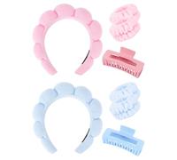 Wecoe Juego de diadema y pulsera de spa rosa y azul, diadema para el cuidado de la piel para lavar la cara, clips de garra para cabello grueso, bonita esponja hinchada, diadema de maquillaje de