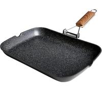 WECOOK! Ecochef Grill Asador Inducción Liso 34 X 24cm, Antiadherente QUANTANIUM Ecológico sin PFOA, Aluminio Fundido, 5mm Espesor, Mango Madera Plegable, Apta Todas las Cocinas Vitrocerámica, Gas