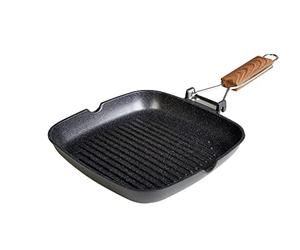 WECOOK! Ecochef Grill Asador Inducción Rayas 20 X 20cm, Antiadherente QUANTANIUM Ecológico sin PFOA, Aluminio Fundido, 5mm Espesor, Mango Madera Plegable, Apta Todas las Cocinas Vitrocerámica, Gas