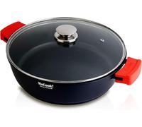 WECOOK! Ecostone Cazuela Baja Inducción con Tapa de Cristal 30cm, Antiadherente XTRA DUPON Ecológico sin PFOA, Aluminio Fundido, 5mm Espesor, 7,5cm Alto, Asas Silicona, Vitrocerámica, Gas Negro