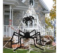 WECUTE Juego Grande de Araña Decorativa de Halloween, 150 cm + 30 cm de Araña Gigante, 500 cm Telaraña Gigante Triangular, 80 g Tela de Araña Elástica, 20 Miniarañas para Terror, Jardín, Fiestas