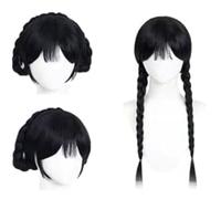 Wed-nesday Peluca de pelo humano con flequillo, pelucas largas trenzadas negras, pelucas para cosplay familiar de boda pelucas negras para mujeres, fiestas, regalo, Halloween, cosplay