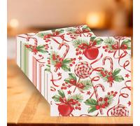 WedDecor 20 servilletas navideñas de 13 pulgadas, servilletas de papel desechables rojas con bastones de caramelo impresos, estrellas y acebo para fiestas de vacaciones, Año Nuevo, cena, boda