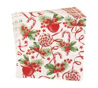 WedDecor 40 servilletas navideñas de 13 pulgadas, servilletas de papel desechables rojas con bastones de caramelo impresos, estrellas y acebo para fiestas de vacaciones, Año Nuevo, cena, boda