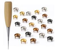 WedDecor Juego de 400 remaches de cono bajo de 9 mm, 4 puntas de metal en oro, plata y bronce y plomizo con herramienta de punzón de madera, picos góticos para cuero, ropa de mezclilla, calzado y