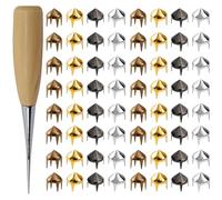 WedDecor Juego de remaches de cono alto de 9 mm, 400 piezas (4 acabados) - 4 puntas de metal en oro, plata, plomizo, bronce con herramienta de punzón de madera para cuero, mezclilla, calzado y