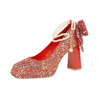 Wedding Banquet Sweet Pearl One-Length High Heels Women's Rhinestone Bow Square Head Platform Thick Heel Shoes(9983-H80TP Red,36)