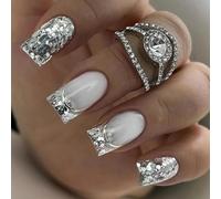 Wedding False Nails Silver Sequin Press On Nails Bridal French Short Fake Nails Ballerina Acrylic Stick On Nails 24pcs For Women And Girls，With Solid Glue, Nail Lamp,