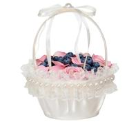 Wedding Flower Basket - Decorative Ceremony Floral Basket with Ribbon Bow | Wedding Accessories | Lace Pearl Handle, Elegant Storage Baskets for Yard Lawn Beach Outdoor Indoor Home Hotel, Bridal Showe