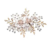 Wedding Hair Comb Leaf Flower Bridal Headpiece Gold Pearl Rhinestone Head Jewelry Accessories(Pink)