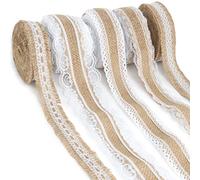 WeddingTree Cinta de yute de 10 m con encaje, 5 rollos de 2 m, cinta decorativa con borde de encaje para regalos, bodas, fiestas y manualidades, cinta de encaje, cinta de boda, incluye 30 alfileres