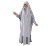 Wedhapy Vestido De Oración Musulmana Ropa De Oración con Hijab Abayas para Mujeres Musulmanas 2 Piezas De Bata Larga Y Falda Vestido Abaya Modesto De Cubierta Completa para Mujeres Gris Claro