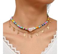 Wedity Boho - Gargantilla con cuentas de colores, colgante de relámpago, collar de perlas de forma irregular, collares con cuentas de arcoíris, joyería ajustable para mujeres y niñas