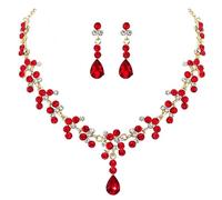 Wedity Collar de cristal de strass nupcial y set de pendientes, colgante de lágrima, regalo de accesorios de boda para mujeres (Rojo)