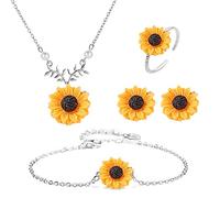 Wedity Girasol Collar Girasol Pendientes Anillo Flor Pulseras Conjunto Joyería Ajustable para Mujeres Niñas (Oro)