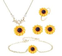 Wedity Girasol Collar Girasol Pendientes Anillo Flor Pulseras Conjunto Joyería Ajustable para Mujeres Niñas (Plata)