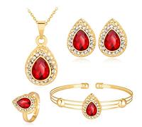Wedity Novia Boda Gota de agua Collar de cristal Pendientes Pulsera Anillo Conjunto Oro Nupcial Corazón Colgante Gargantilla Collares Joyas para mujeres y niñas (Rojo)