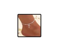 Wedity Tobillera con cruz de cristal, plata brillante, ajustable, accesorio de joyería para mujer, Talla única, Cerámica suave, No es una piedra preciosa