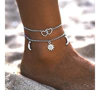 Wedity Vintage Sol y Luna Tobilleras Plata Simple Amor Corazón Tobilleras Pulseras 2 Capas Accesorios de Verano Playa Pie Joyería Ajustable para Mujeres Niñas