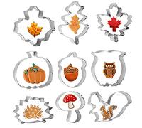 WEDNOK 9 moldes de galletas para otoño, antigracias, cortadores de galletas, acero inoxidable, con hoja de arce, hoja de roble, ardilla, erizo, calabaza para galletas, fondant