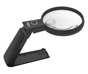 WEDO 2717565 - Lupa de mano LED con base plegable y cabezal de lupa ajustable, gran campo de visión, 2 y 4 aumentos, incluye pilas, color negro, 22,3 x 9,7 x 2,2 cm