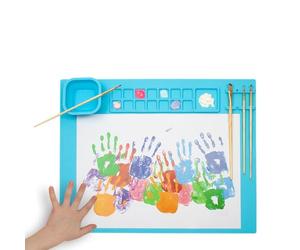 WEDO Alfombrilla de Silicona para Pintura con Bandeja de Mezcla y Vaso Plegable y Soporte para Pinceles, Color Azul Claro, tamaño Aprox. 50,5 x 40,3 x 0,8 cm