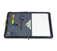 WEDO® Carpeta A4 denim con cremallera, color azul, 3 ranuras para tarjetas, ranuras con banda elástica para bolígrafos, bolsillo grande detrás de la superficie de escritura, pequeño compartimento para