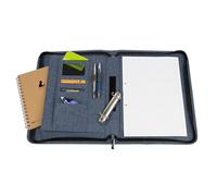 WEDO® Carpeta de anillas A4 denim de 2 anillas, con cremallera, color azul, 3 ranuras para tarjetas, 2 ranuras para bolígrafos con banda elástica, encuadernación de anillas extraíble, gran