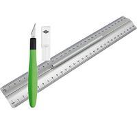 Wedo Regla de aluminio, 30 cm, con mango, para diestros y zurdos, con base de goma antideslizante, en juego con cúter, escalpelo, con 5 cuchillas de repuesto, agarre blando y tapa protectora y base para cortar, Cutting Set, 1