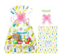 WeDoSoy 10 bolsas de cesta de Pascua, bolsa grande de celofán de 16 x 24 pulgadas con 10 lazos de tracción, bolsas de cesta de celofán, bolsa de envoltura con patrón de conejo, envoltura de celofán
